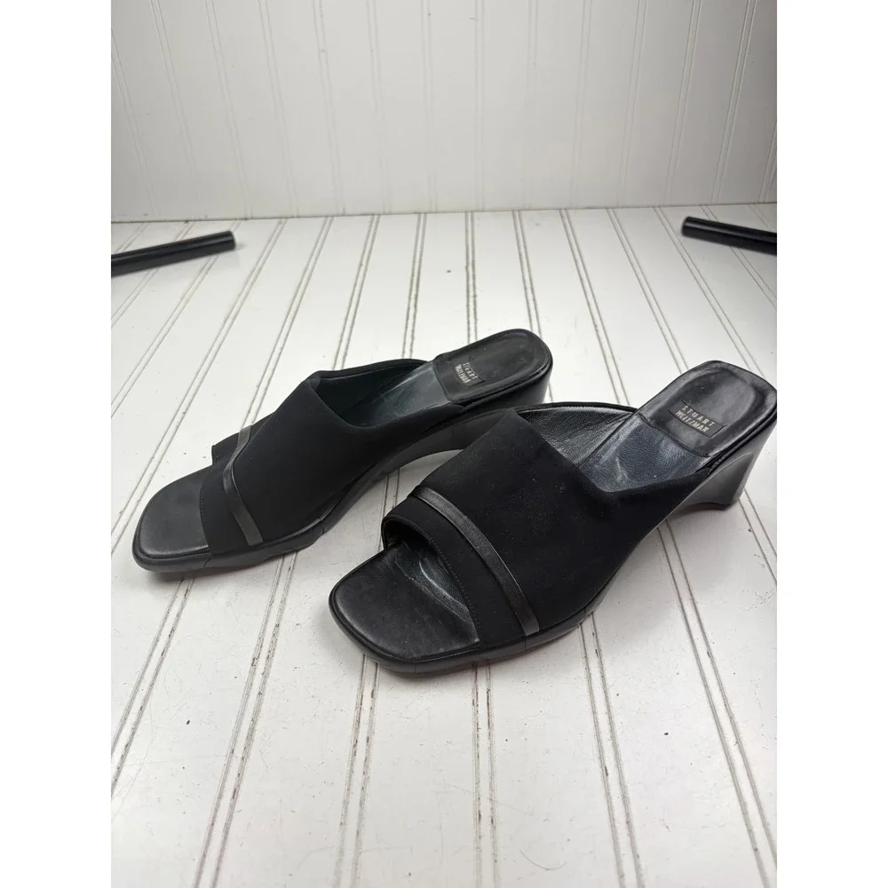 Stuart Weitzman Vintage Y2K Black Stretch Wedge Slide Heels Women's Size 7-7.5